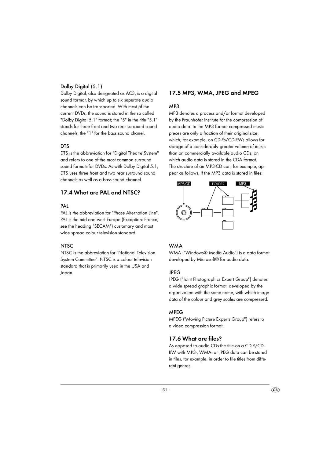 Silvercrest KH6500-06/08-V1 operating instructions What are PAL and NTSC?, 17.5 MP3, WMA, Jpeg and Mpeg, What are files? 