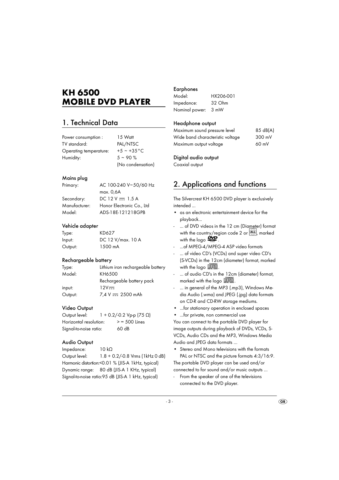 Silvercrest KH6500-06/08-V1 operating instructions Technical Data, Applications and functions 