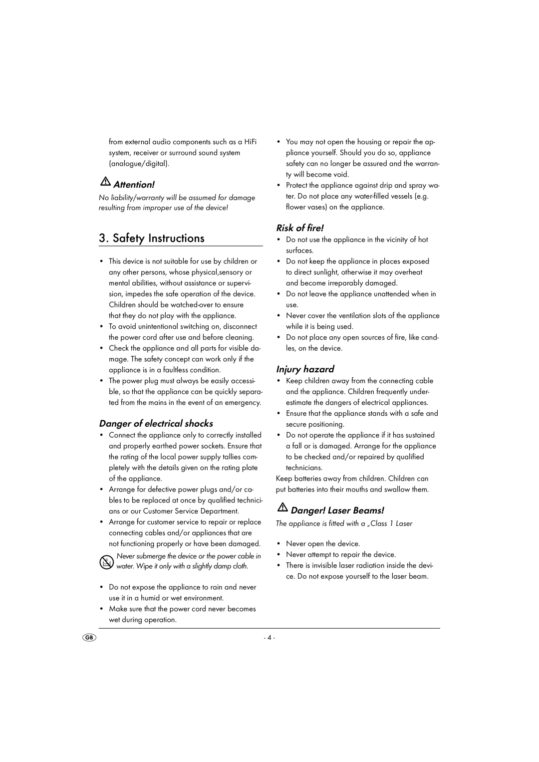 Silvercrest KH6500-06/08-V1 Safety Instructions, Do not use the appliance in the vicinity of hot surfaces, Technicians 