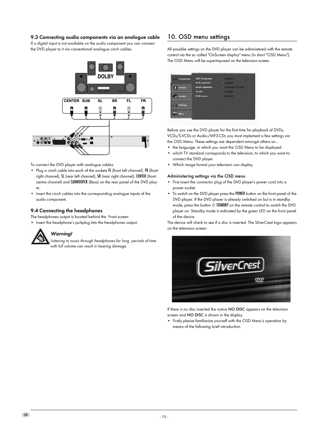 Silvercrest KH6519 OSD menu settings, Connecting audio components via an analogue cable, Connecting the headphones 