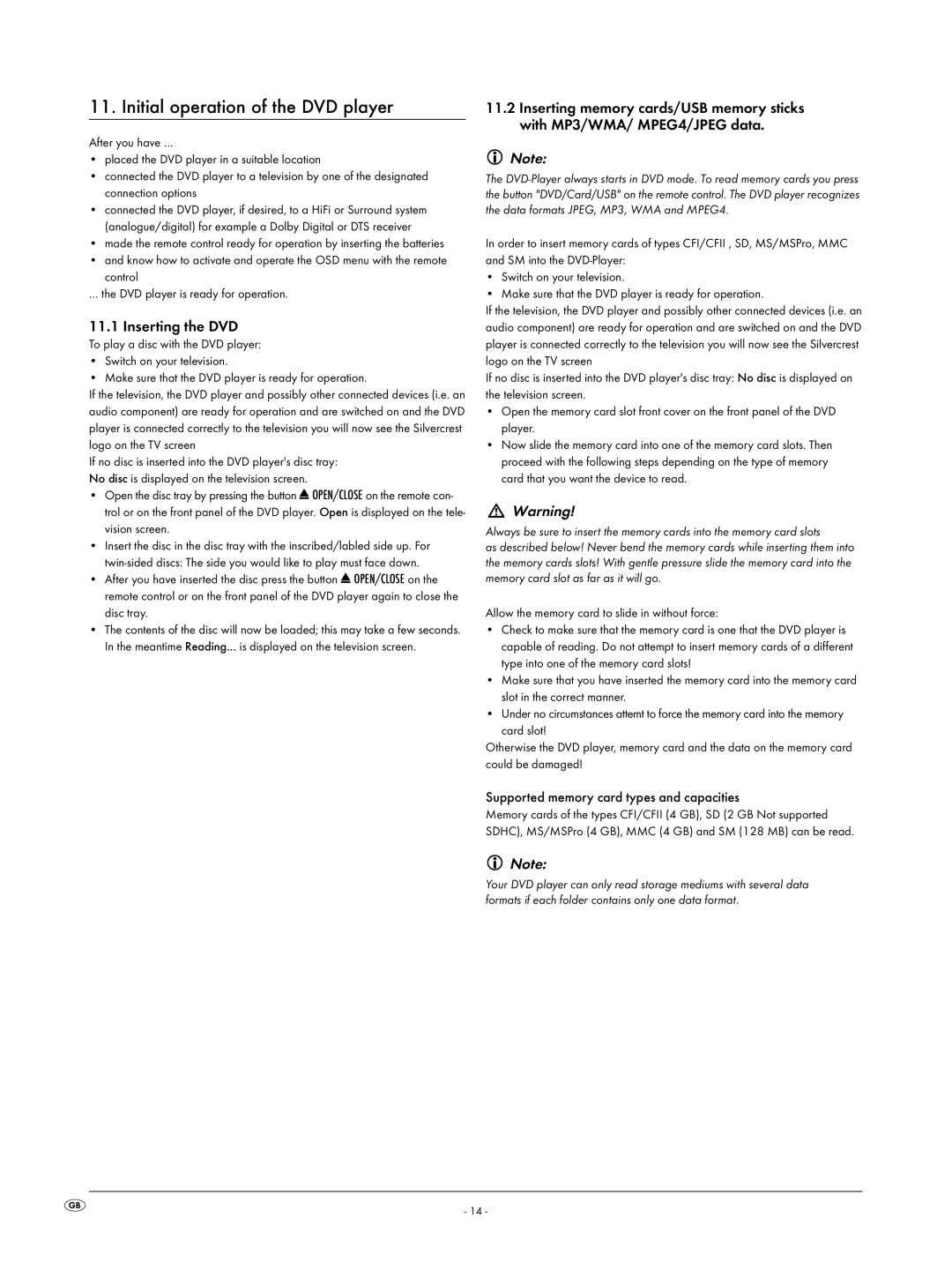 Silvercrest KH6519 Initial operation of the DVD player, Inserting the DVD, Supported memory card types and capacities 