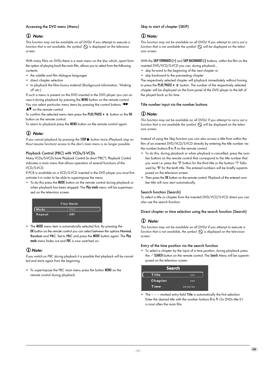 Silvercrest KH6519 Accessing the DVD menu Menu, Playback Control PBC with VCDs/S-VCDs, Search function Search 