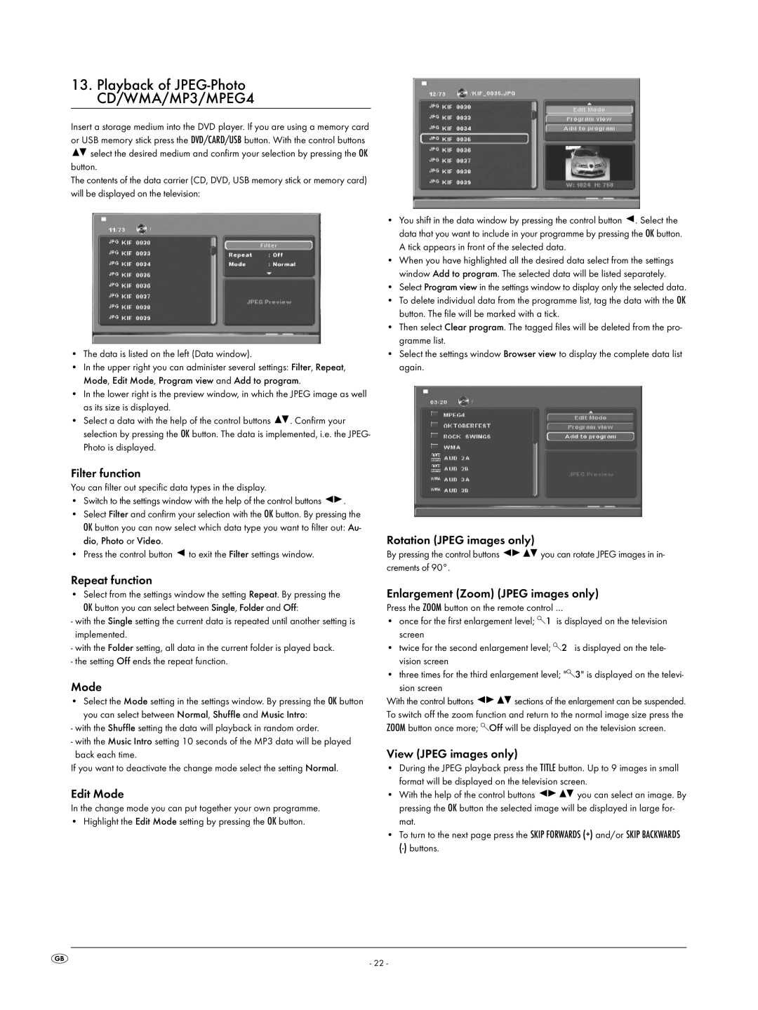 Silvercrest KH6519 Filter function, Repeat function, Edit Mode, Rotation Jpeg images only, View Jpeg images only 