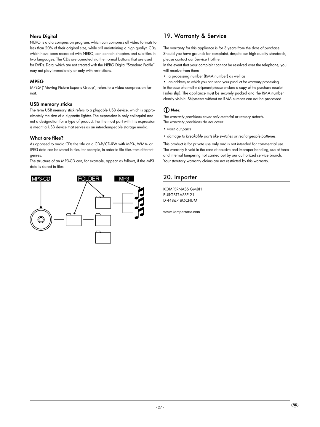 Silvercrest KH6519 operating instructions Warranty & Service, Nero Digital, USB memory sticks, What are files?, Bochum 