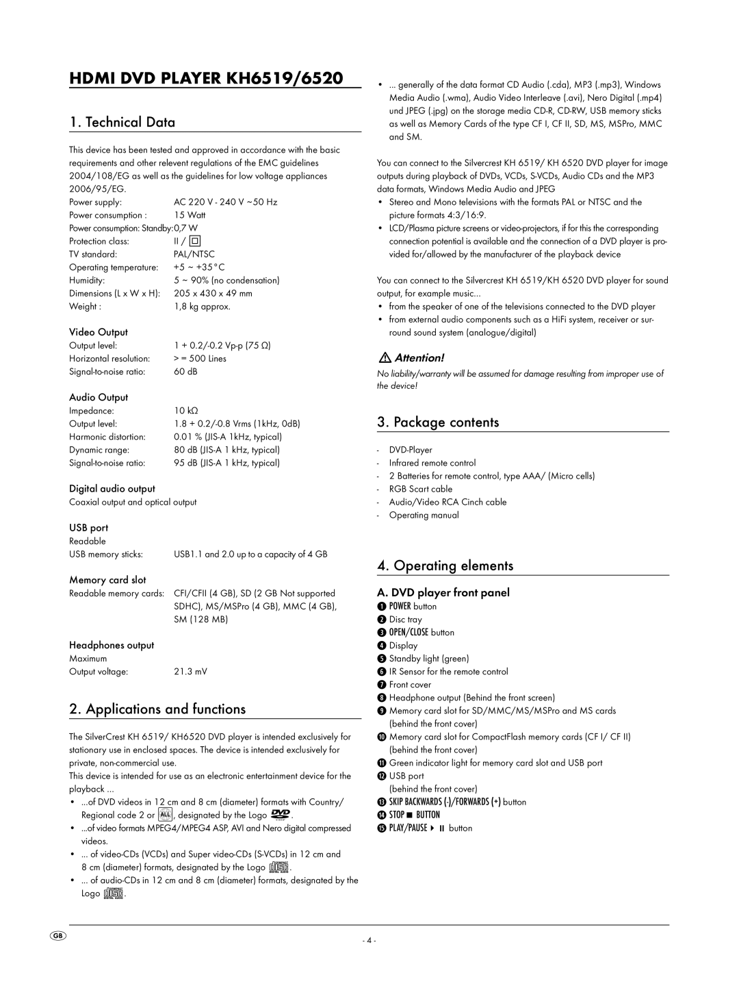 Silvercrest KH6519 operating instructions Technical Data, Applications and functions, Package contents, Operating elements 