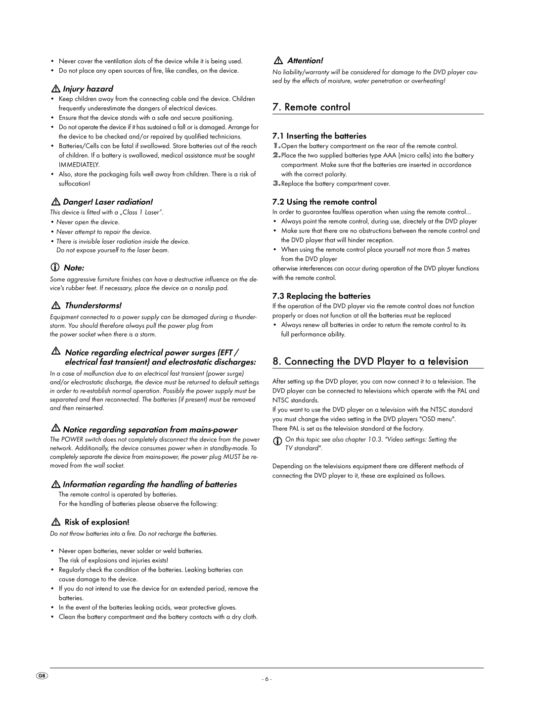 Silvercrest KH6519 operating instructions Remote control, Connecting the DVD Player to a television 