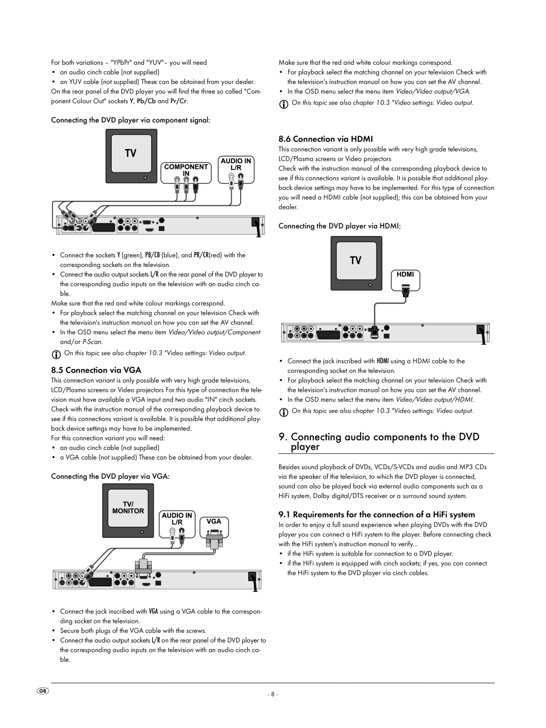 Silvercrest KH6519 Connecting audio components to the DVD player, Connection via VGA, Connection via Hdmi 