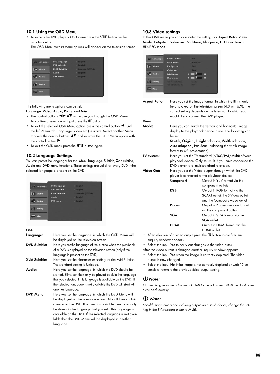 Silvercrest KH6519 operating instructions Using the OSD Menu, Language Settings, Video settings 