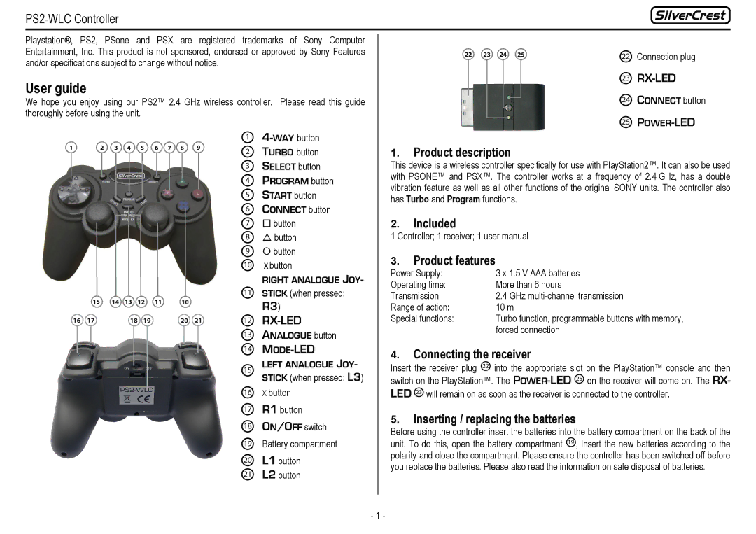 Silvercrest PS2-WLC specifications Product description, Included Product features, Connecting the receiver 