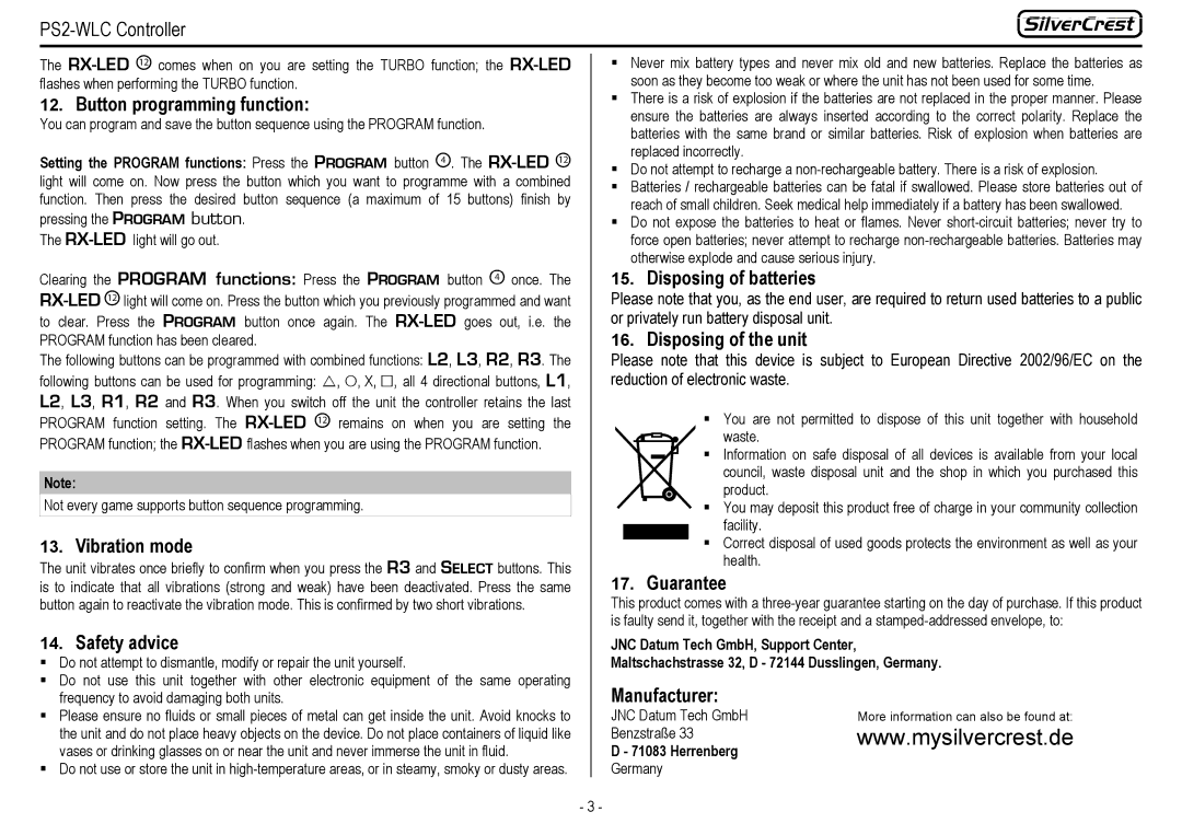 Silvercrest PS2-WLC Button programming function, Vibration mode, Safety advice, Disposing of batteries, Guarantee 