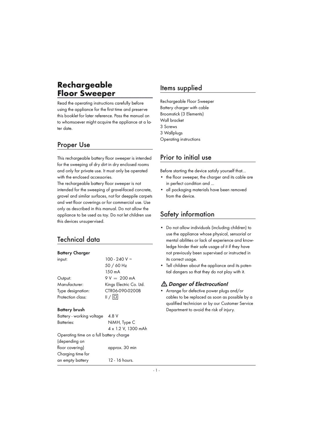 Silvercrest SAB 4.8 A1 Proper Use, Technical data, Items supplied, Prior to initial use, Safety information 