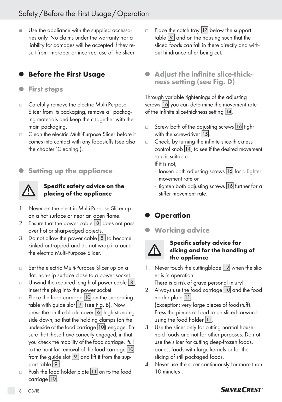 Silvercrest SAS 150 A1 Safety / Before the First Usage / Operation, First steps, Setting up the appliance, Working advice 