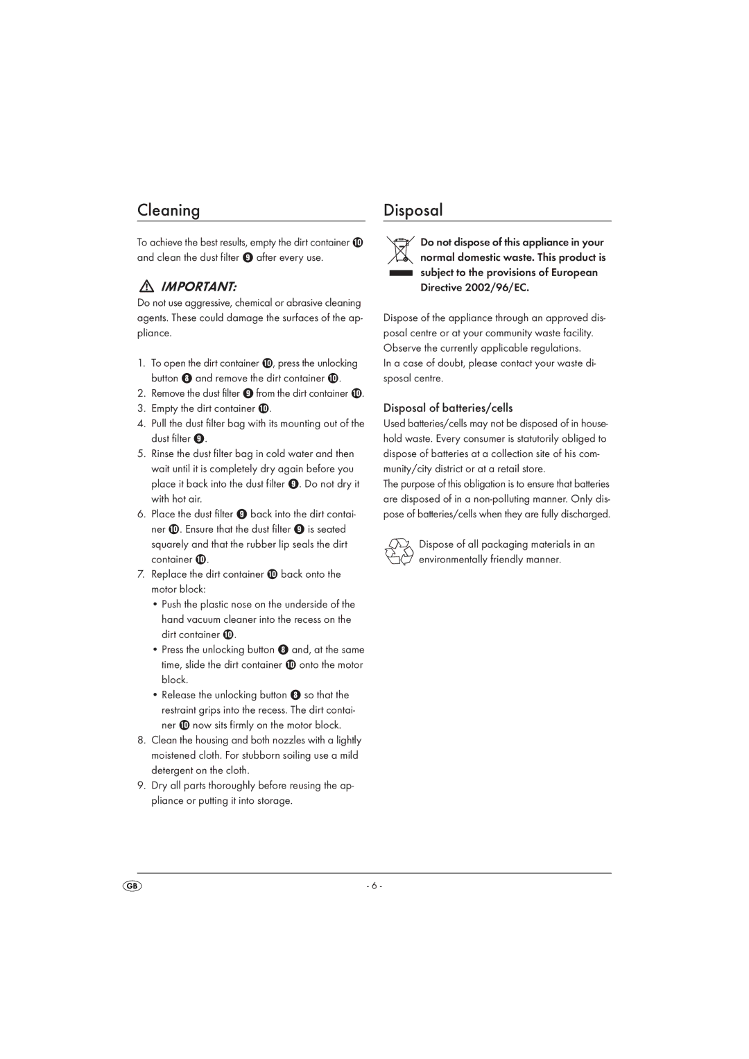 Silvercrest SAS 7.2 A26 manual Cleaning Disposal, Disposal of batteries/cells 