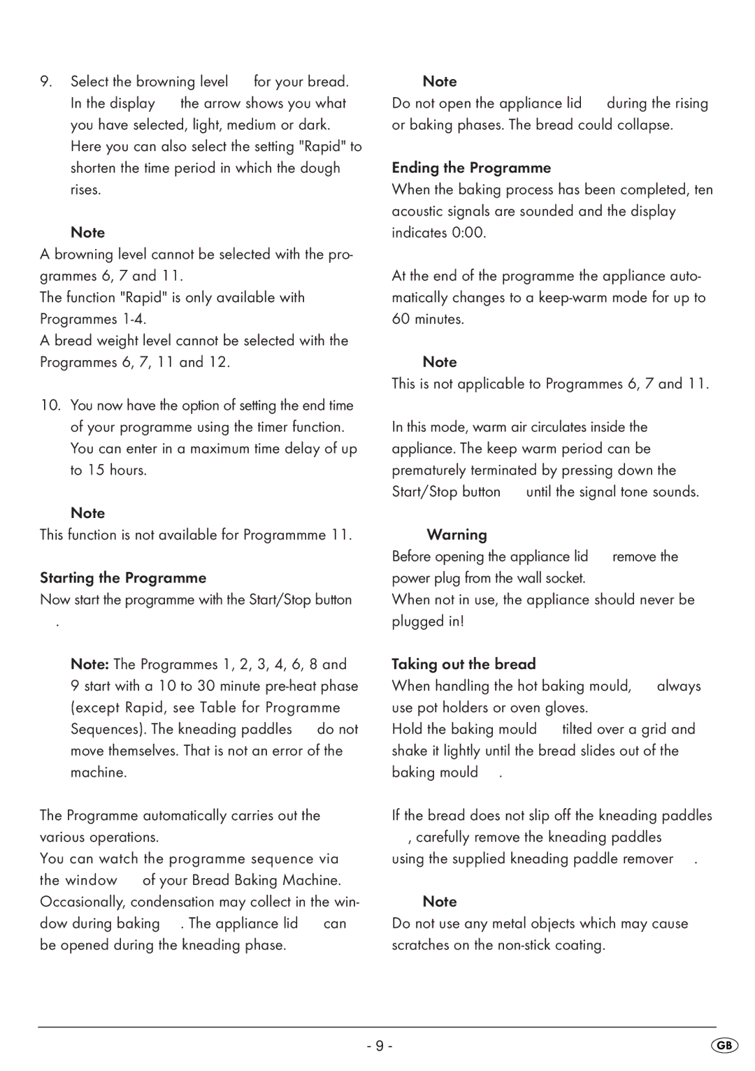 Silvercrest SBB 850 EDS A1 manual Select the browning level, Starting the Programme, Dow during baking . The appliance lid 