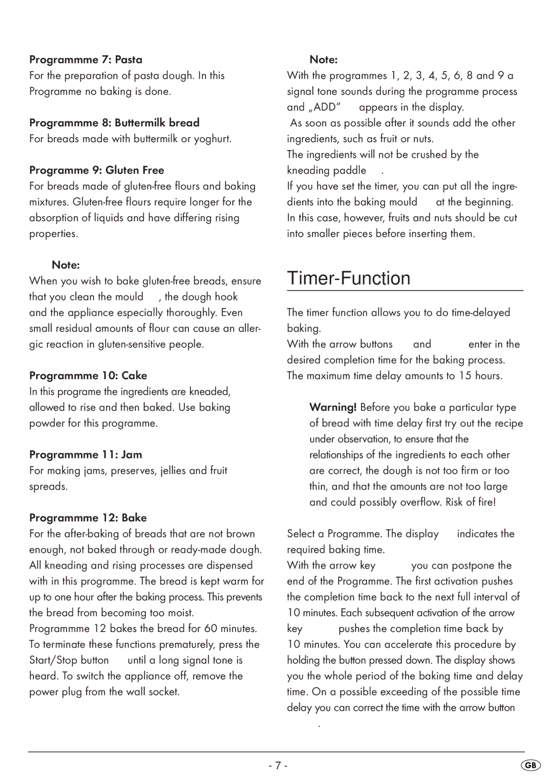 Silvercrest SBB 850 EDS A1 Timer-Function, Programmme 7 Pasta, Programmme 10 Cake, Required baking time With the arrow key 