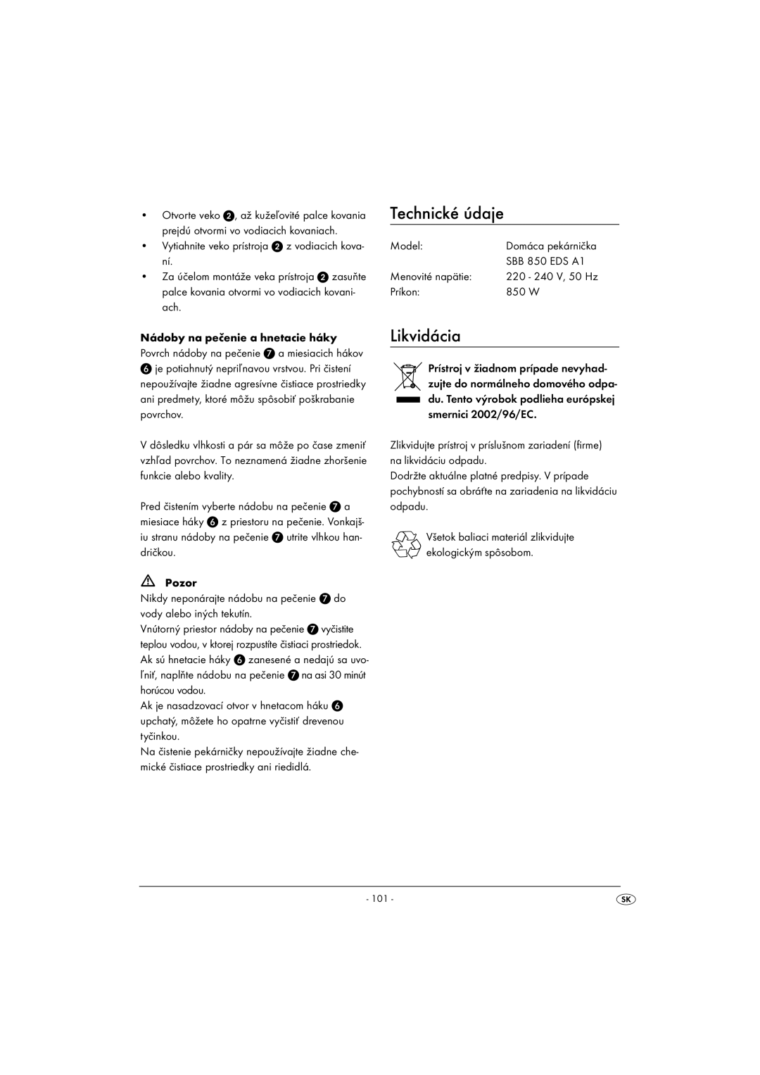 Silvercrest SBB850EDSA1-02/10-V3 operating instructions Technické údaje, Likvidácia 