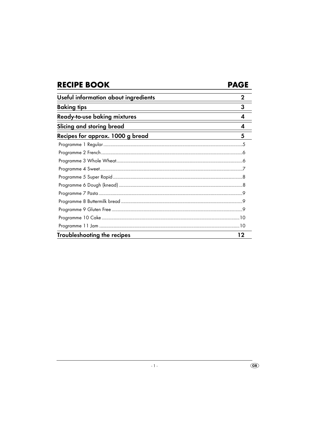 Silvercrest SBB850EDSA1-02/10-V3 operating instructions Recipe Book, Programme 