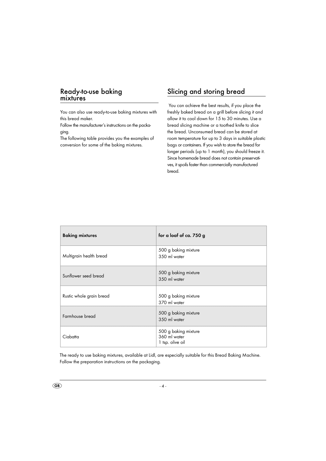 Silvercrest SBB850EDSA1-02/10-V3 operating instructions Ready-to-use baking mixtures, Slicing and storing bread 