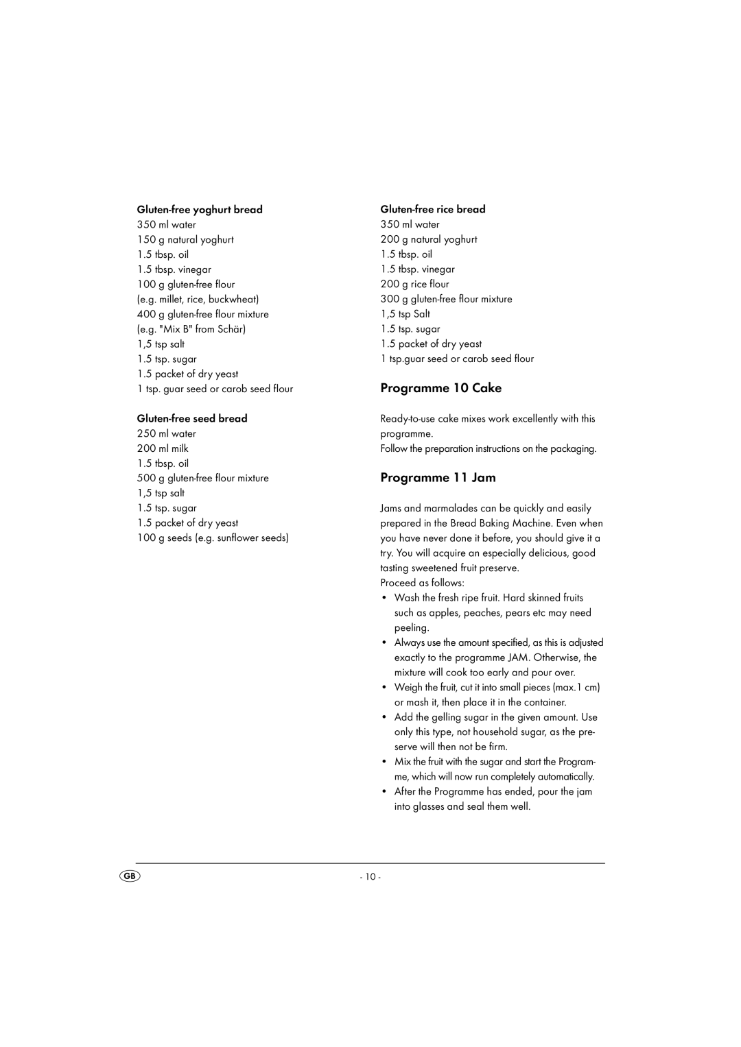 Silvercrest SBB850EDSA1-02/10-V3 operating instructions Programme 10 Cake, Programme 11 Jam 