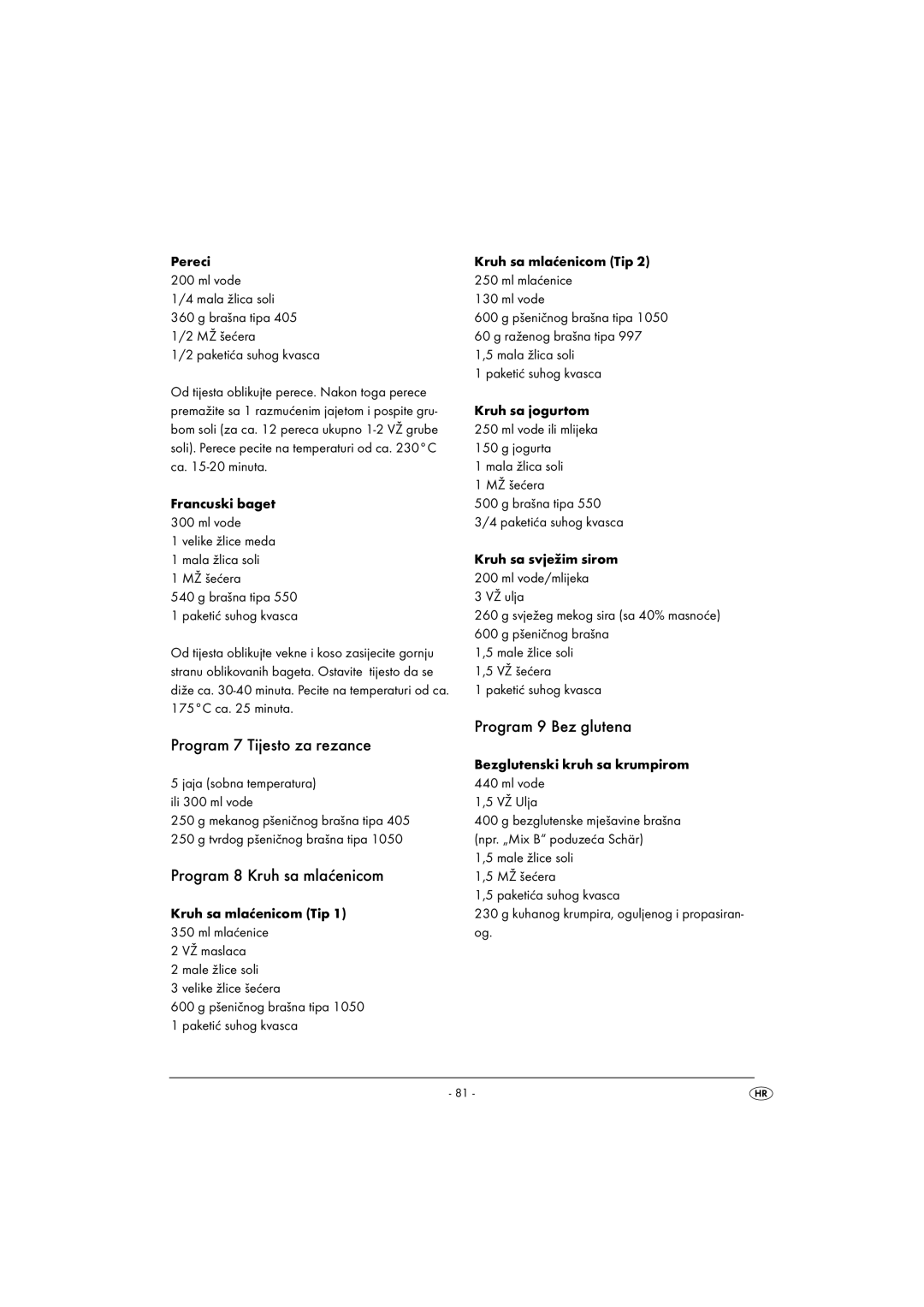 Silvercrest SBB850EDSA1-02/10-V3 Program 7 Tijesto za rezance, Program 8 Kruh sa mlaćenicom, Program 9 Bez glutena 