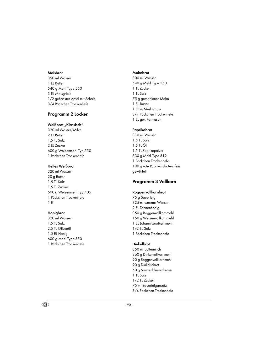 Silvercrest SBB850EDSA1-02/10-V3 operating instructions Programm 2 Locker, Programm 3 Vollkorn 