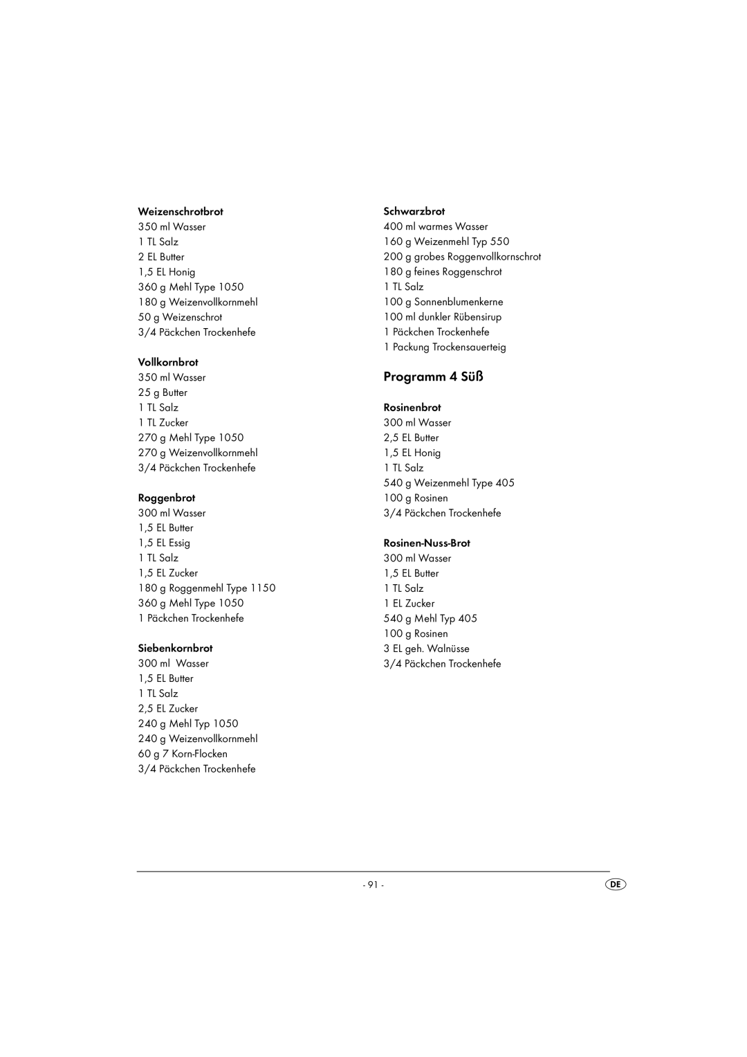 Silvercrest SBB850EDSA1-02/10-V3 operating instructions Programm 4 Süß 