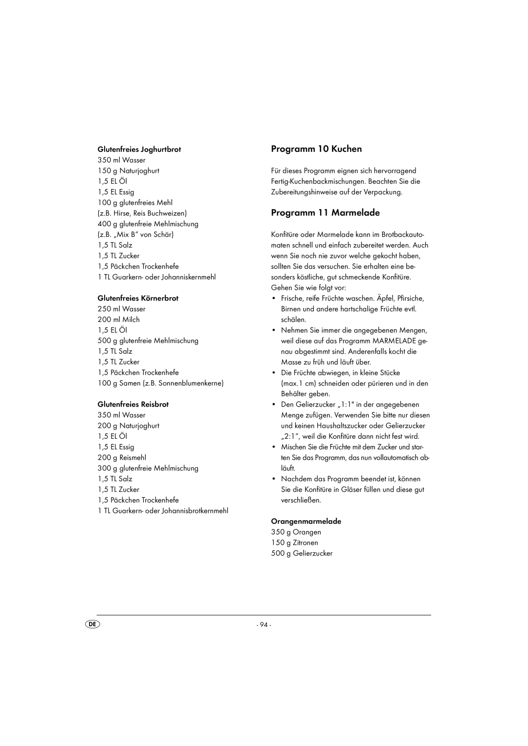 Silvercrest SBB850EDSA1-02/10-V3 operating instructions Programm 10 Kuchen, Programm 11 Marmelade 