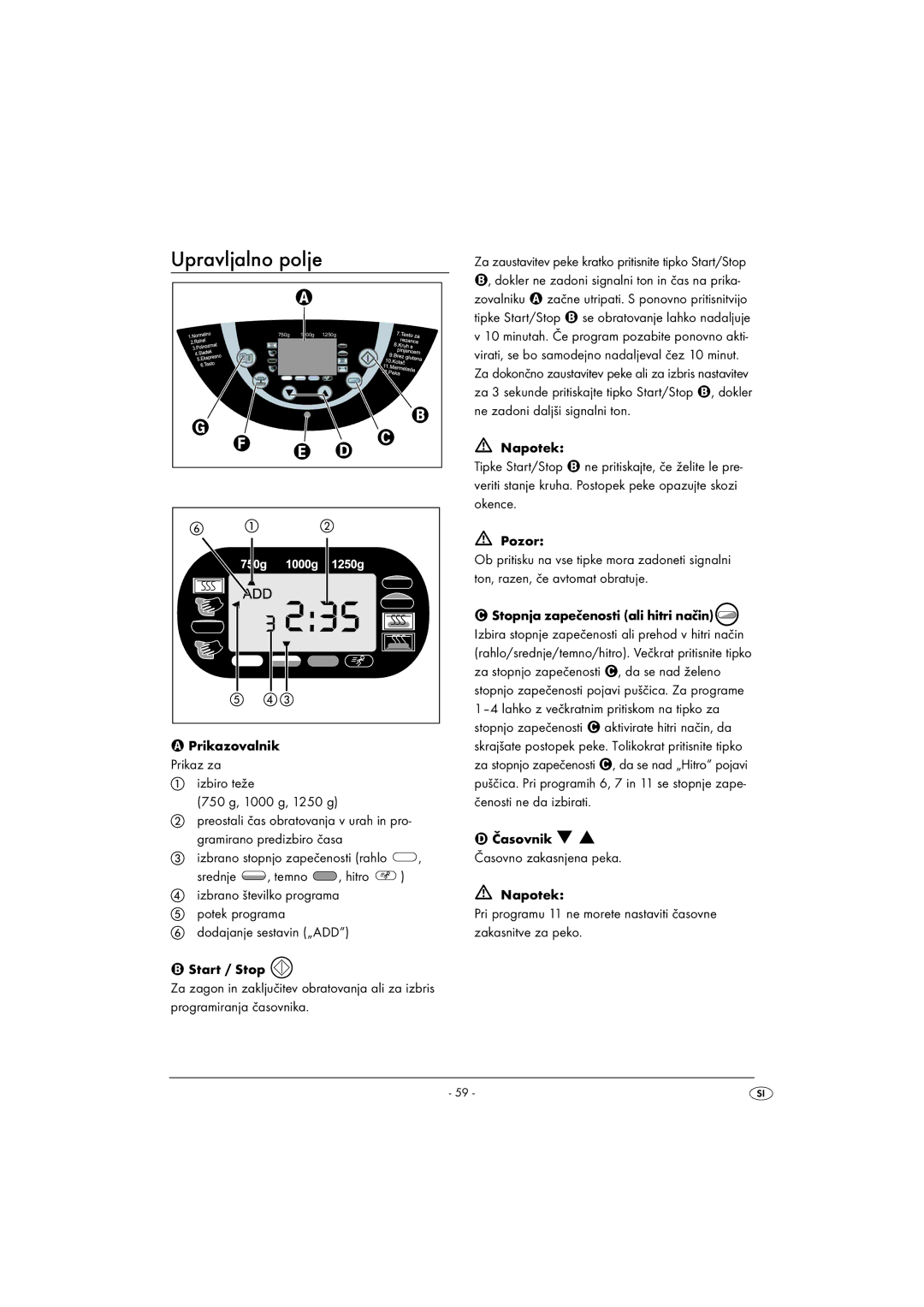 Silvercrest SBB850EDSA1-02/10-V3 operating instructions Upravljalno polje 