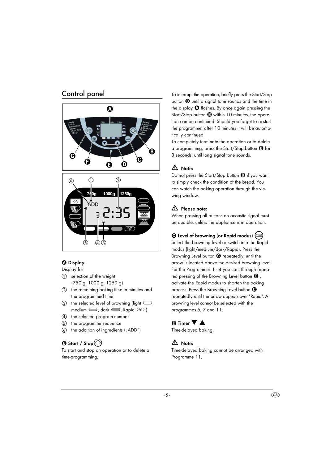 Silvercrest SBB850EDSA1-02/10-V3 operating instructions Control panel 