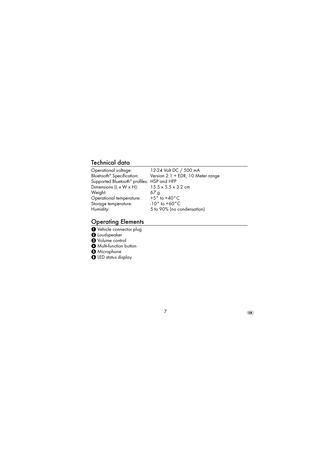 Silvercrest SBTF 10 A1 operating instructions Operational voltage Volt DC / 500 mA Bluetooth Specification, HSP and HFP 