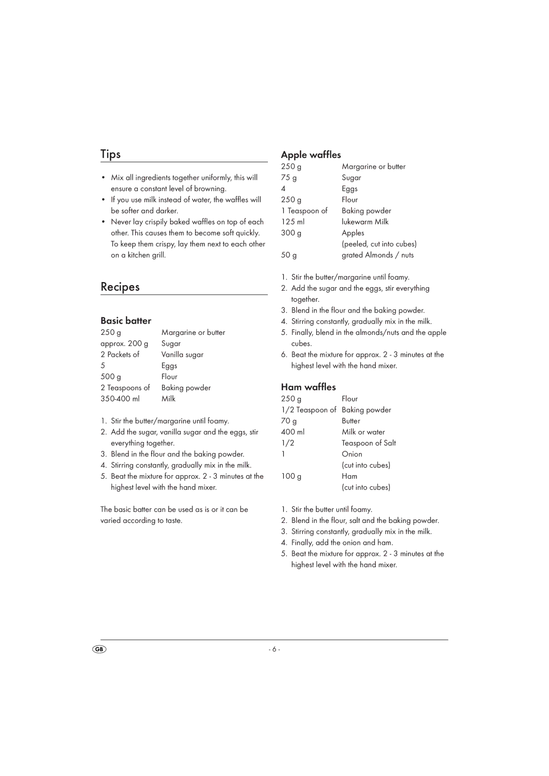 Silvercrest SBW 1000 A1 operating instructions Tips, Recipes, Basic batter, Apple waffles, Ham waffles 