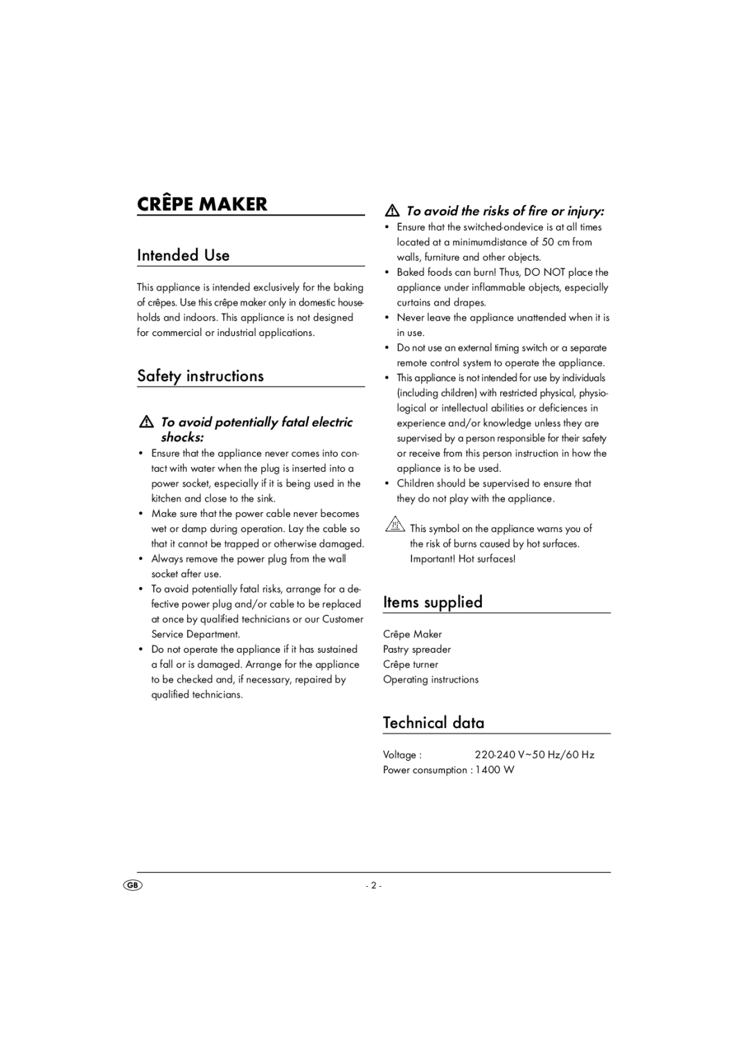 Silvercrest SCM 1400 A1 operating instructions Intended Use, Safety instructions, Items supplied, Technical data 