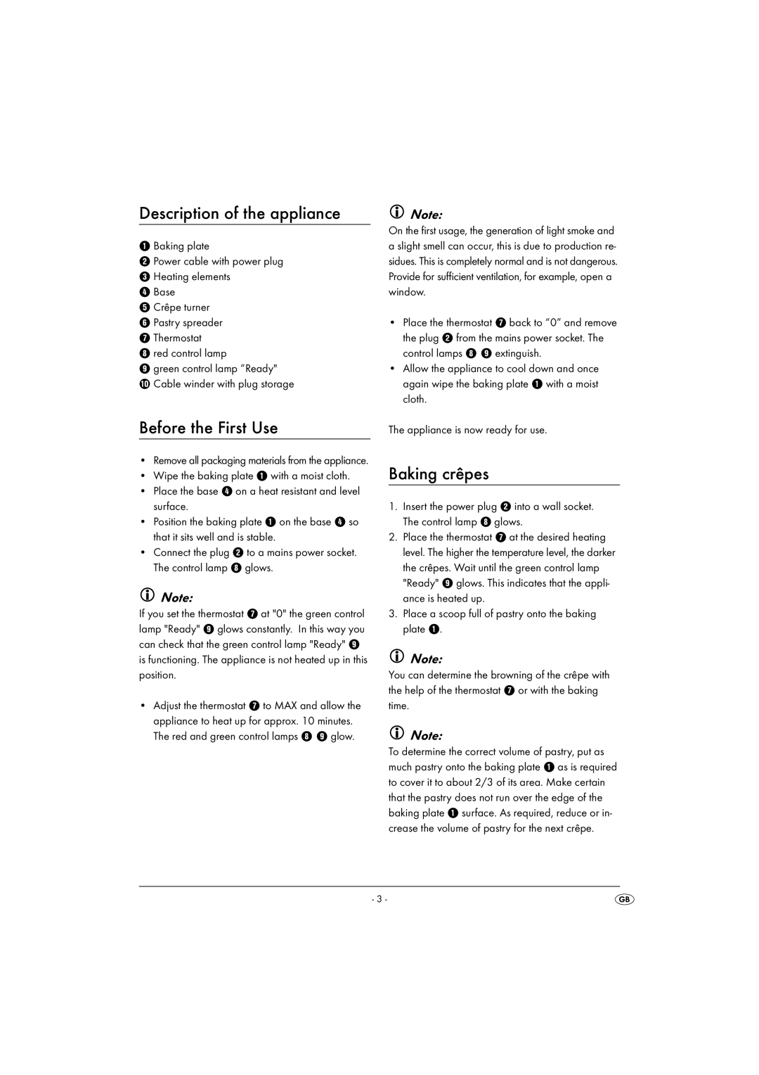 Silvercrest SCM 1400 A1 operating instructions Description of the appliance, Before the First Use, Baking crêpes 