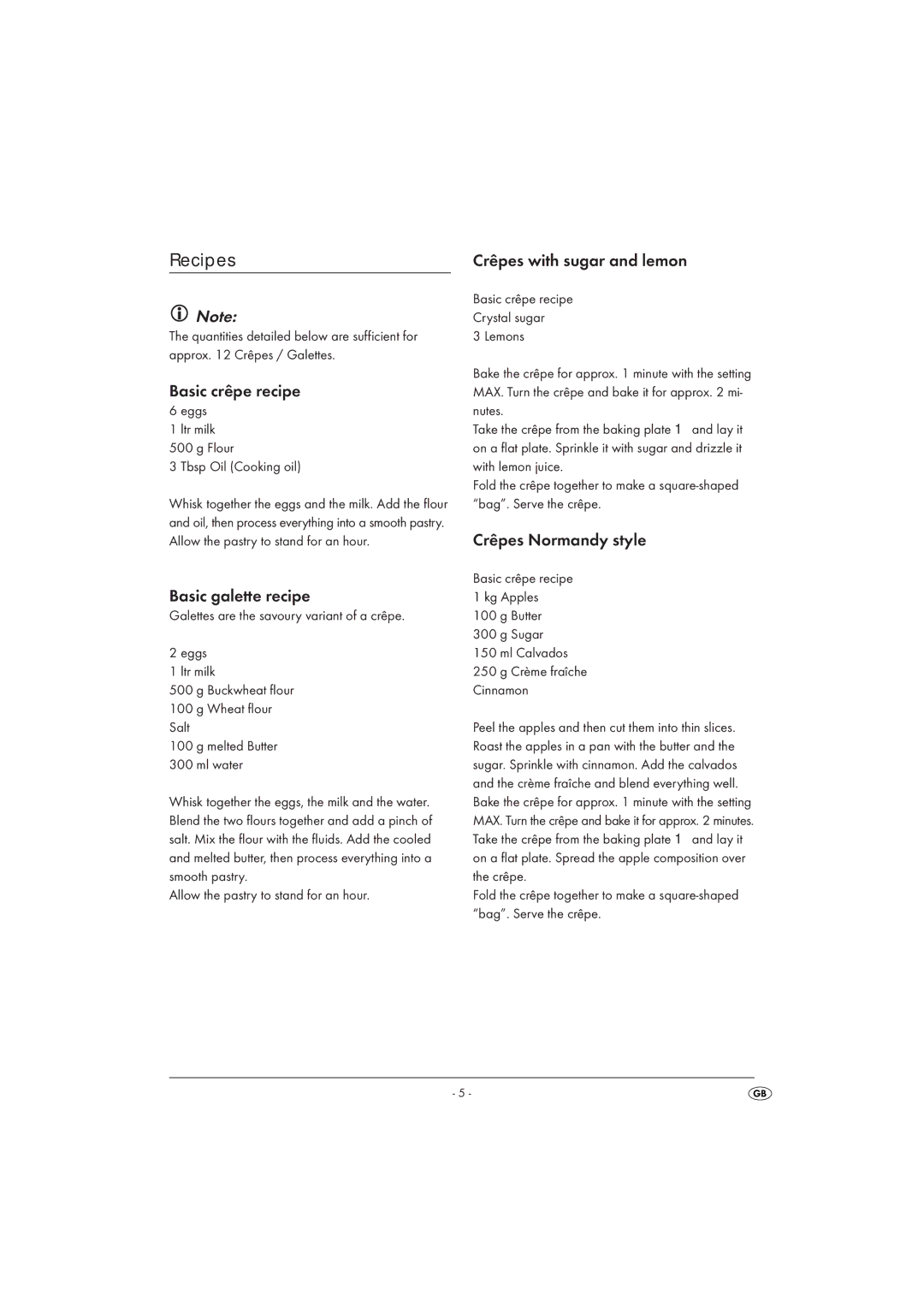 Silvercrest SCM1400A1-05/10-V2 Recipes, Eggs Ltr milk Flour Tbsp Oil Cooking oil, Allow the pastry to stand for an hour 