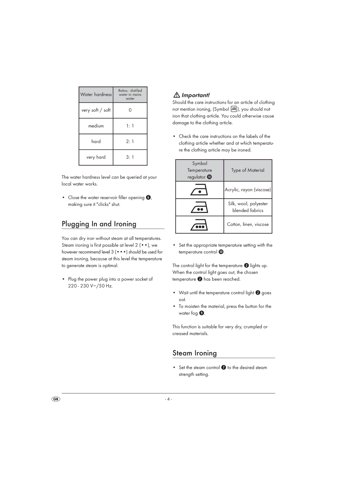 Silvercrest SDB 2000 A1 operating instructions Plugging In and Ironing, Steam Ironing, Symbol 