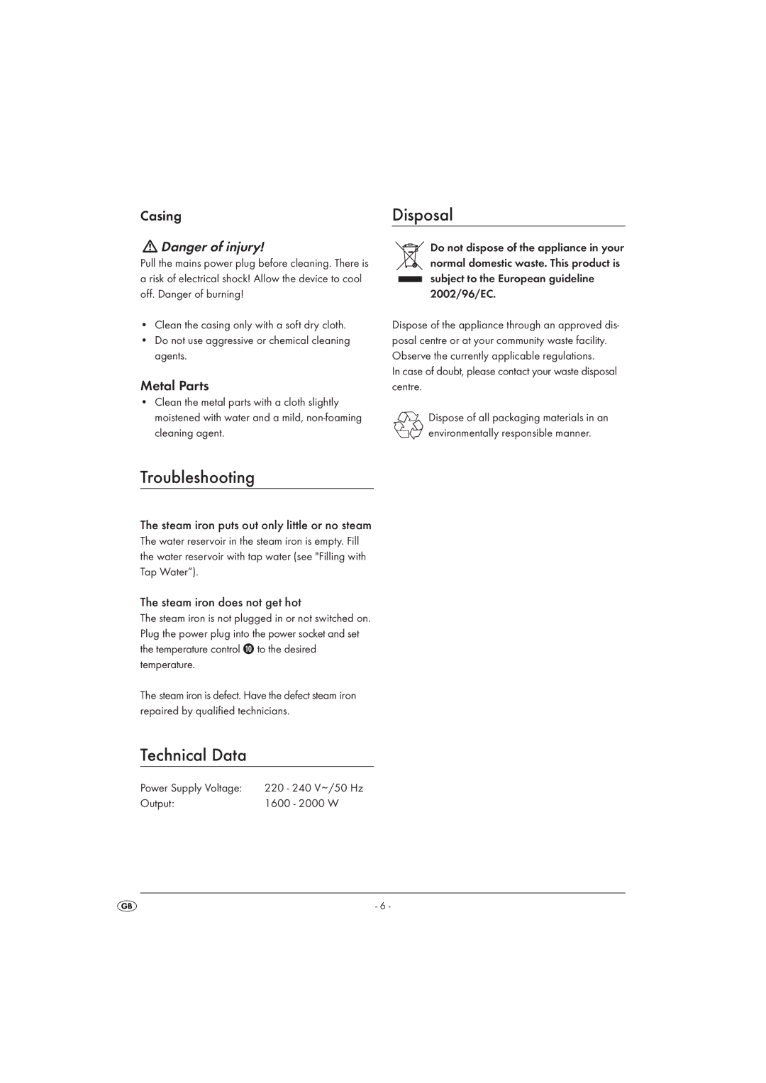 Silvercrest SDB 2000 A1 operating instructions Troubleshooting, Technical Data, Disposal, Casing, Metal Parts 