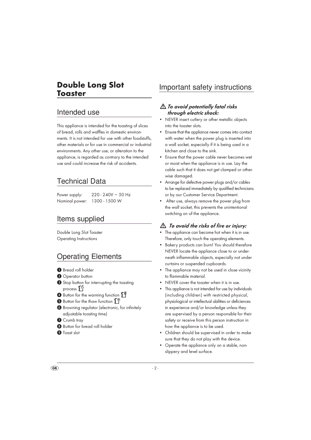 Silvercrest SDLT1500A1 operating instructions Double Long Slot Toaster 