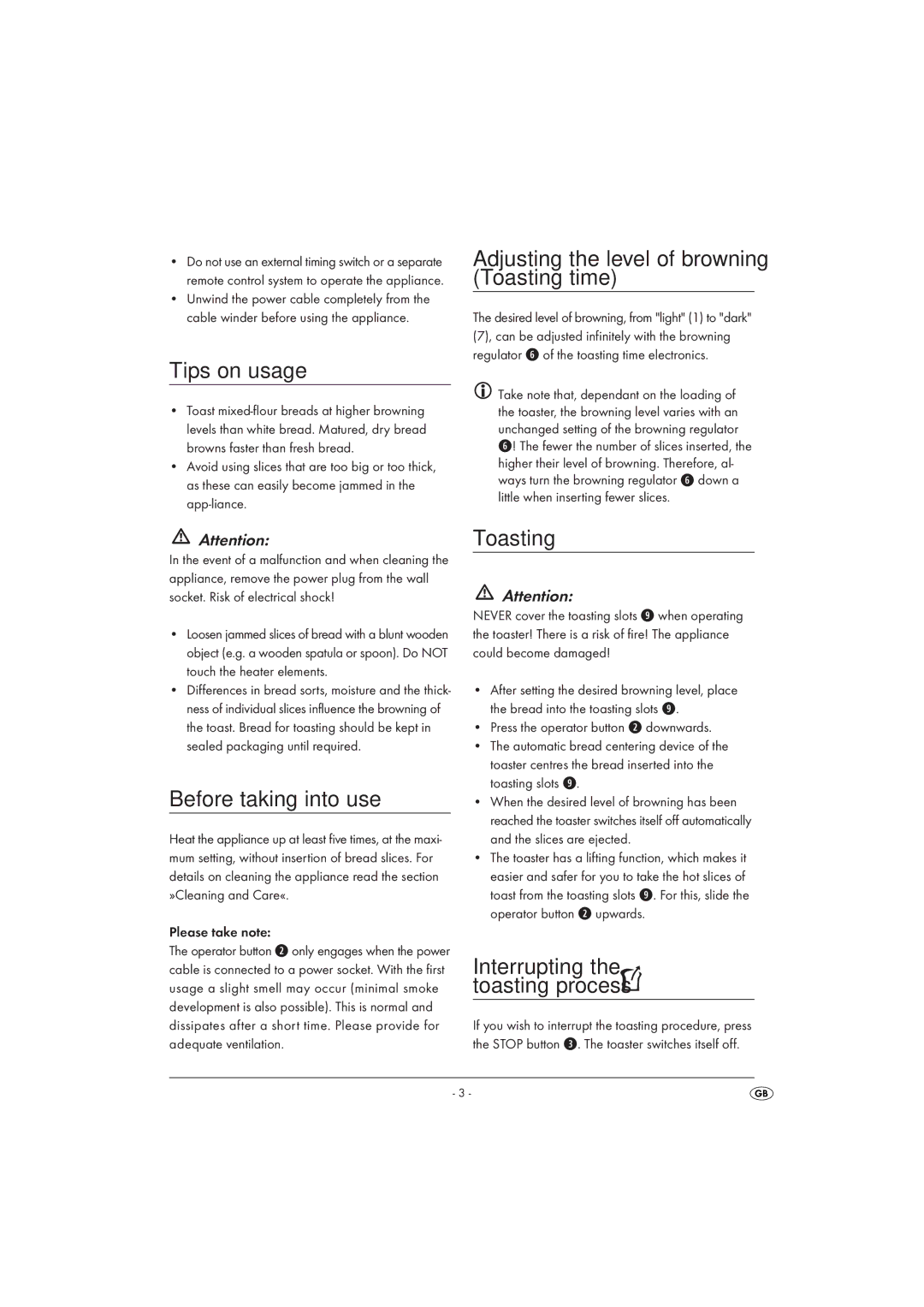 Silvercrest SDLT1500A1 Tips on usage, Adjusting the level of browning Toasting time, Before taking into use 