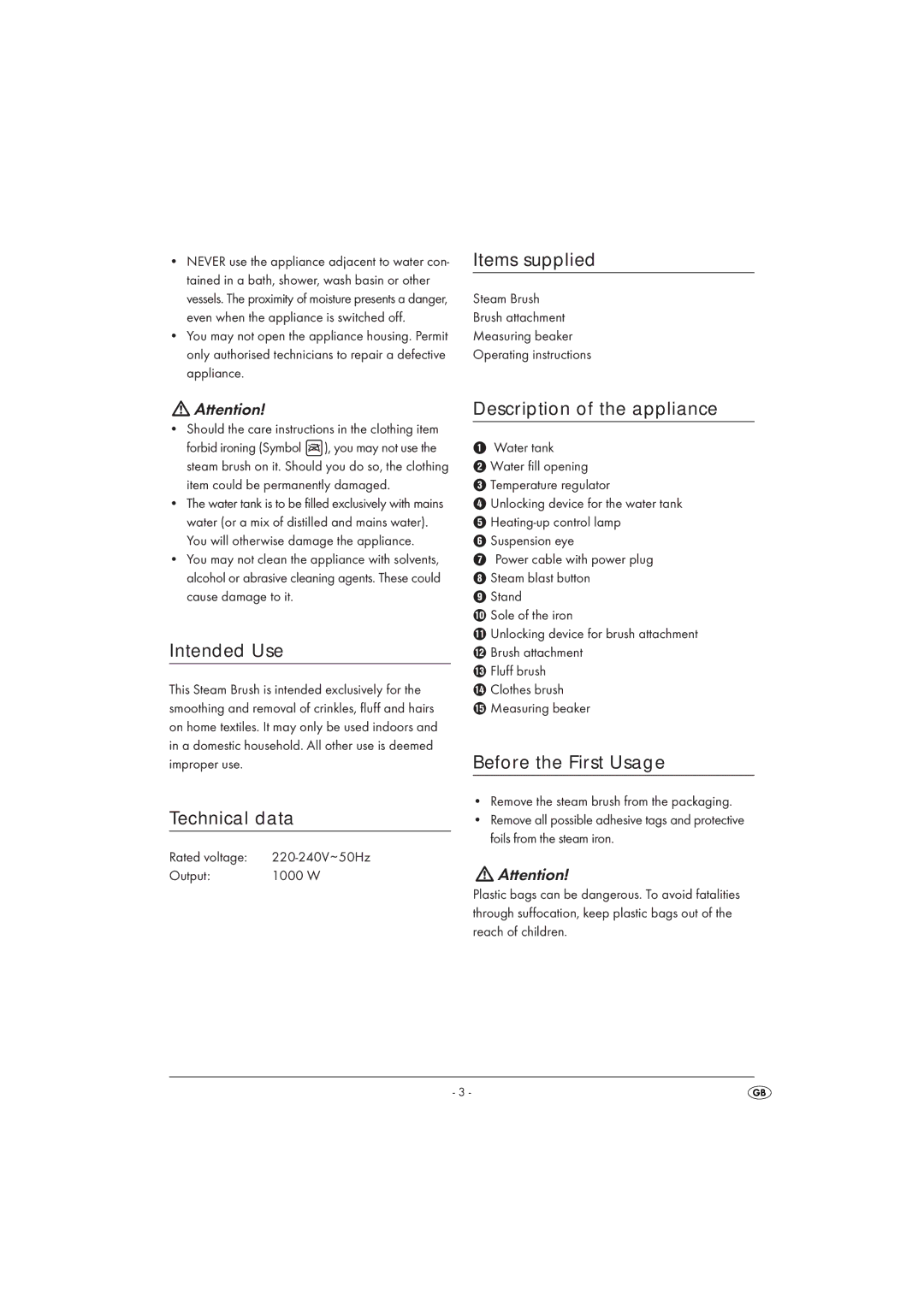 Silvercrest SDRB 1000 A16 operating instructions Items supplied, Intended Use, Technical data, Description of the appliance 