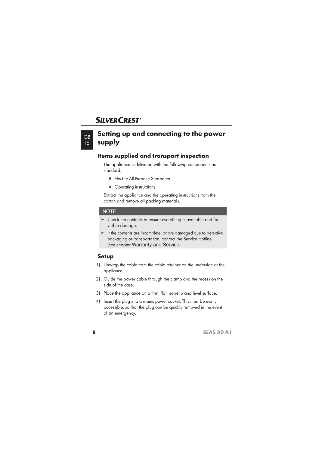 Silvercrest SEAS 60 A1 manual Setting up and connecting to the power supply, Items supplied and transport inspection, Setup 