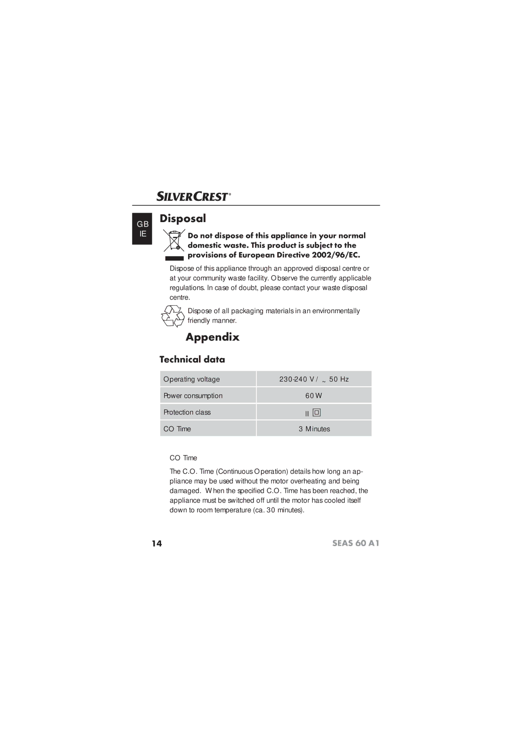 Silvercrest SEAS 60 A1 manual Disposal, Appendix, Technical data 