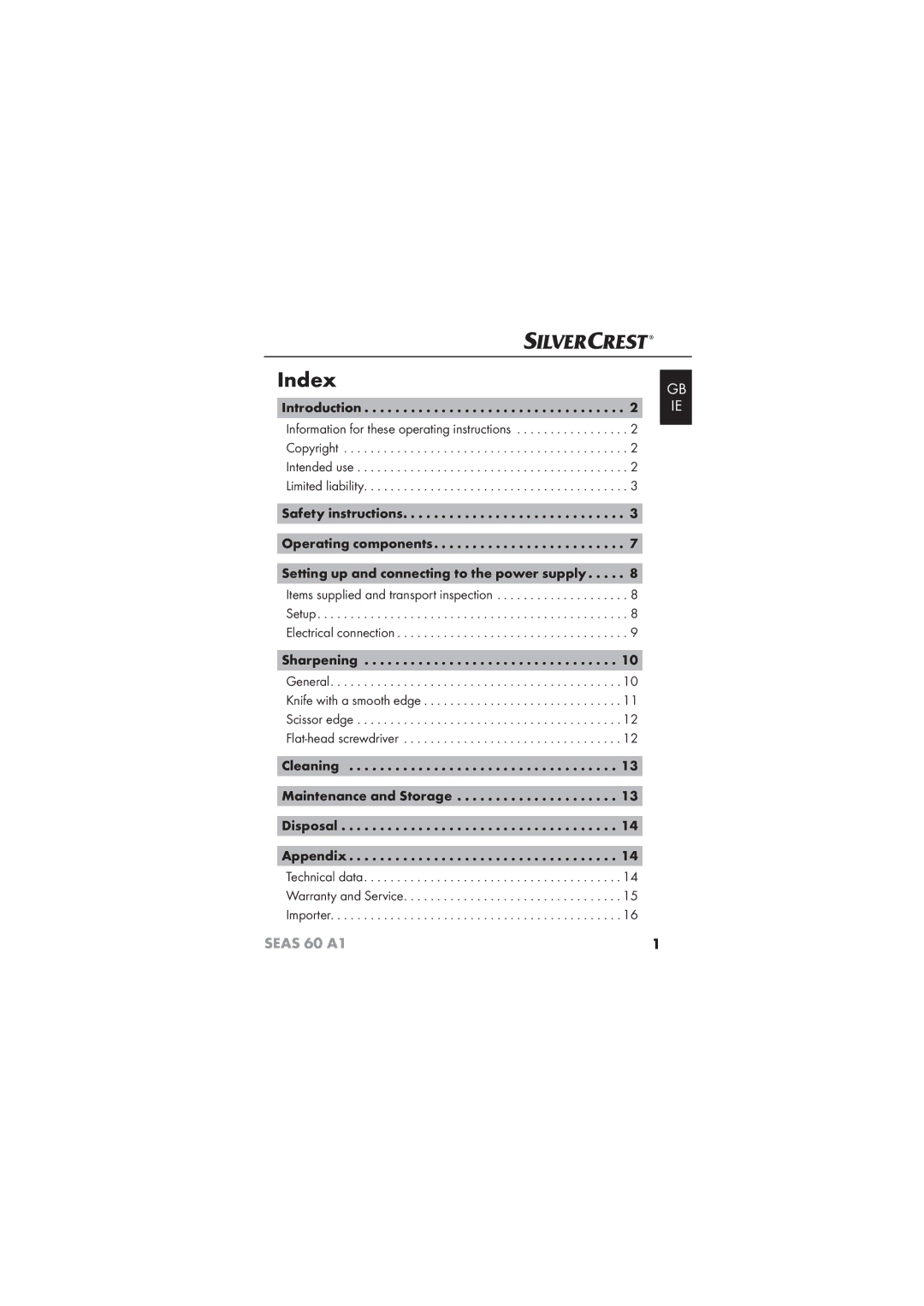 Silvercrest SEAS 60 A1 manual Safety instructions Operating components, Cleaning Maintenance and Storage Disposal Appendix 