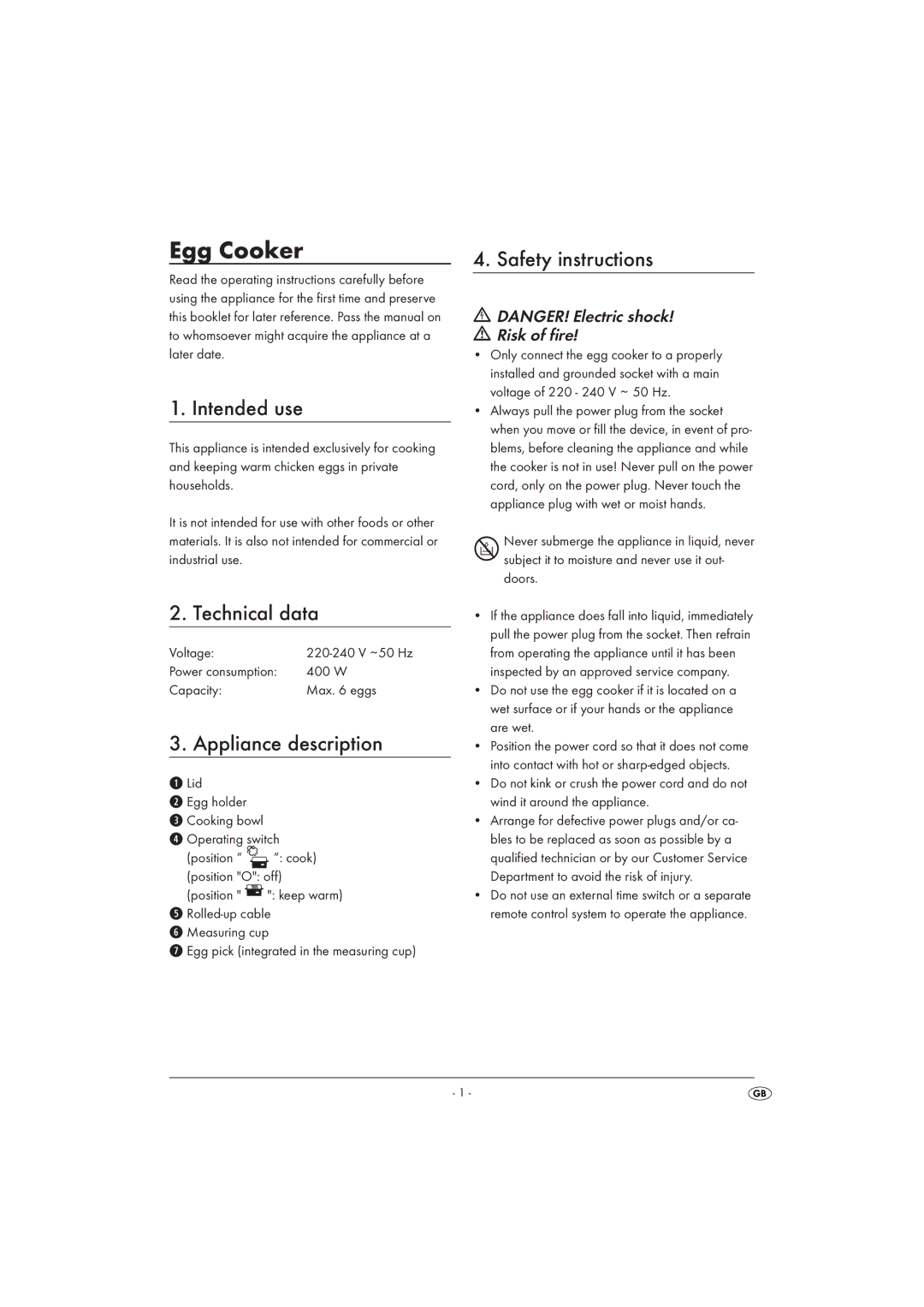 Silvercrest SEKD 400 A1 manual Intended use, Technical data, Appliance description, Safety instructions, Risk of fire 