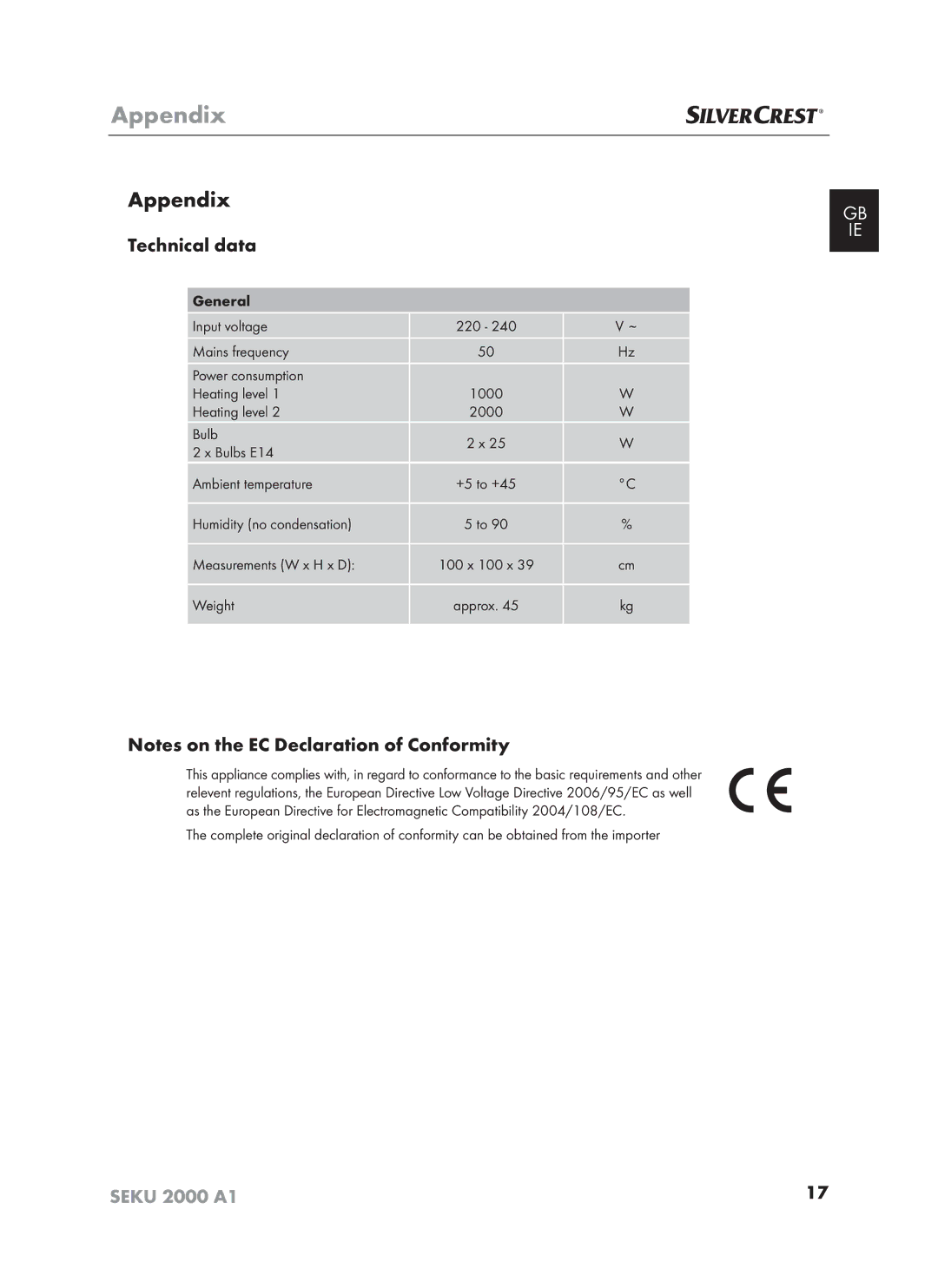 Silvercrest SEKU 2000 A16 operating instructions Appendix, Technical data 