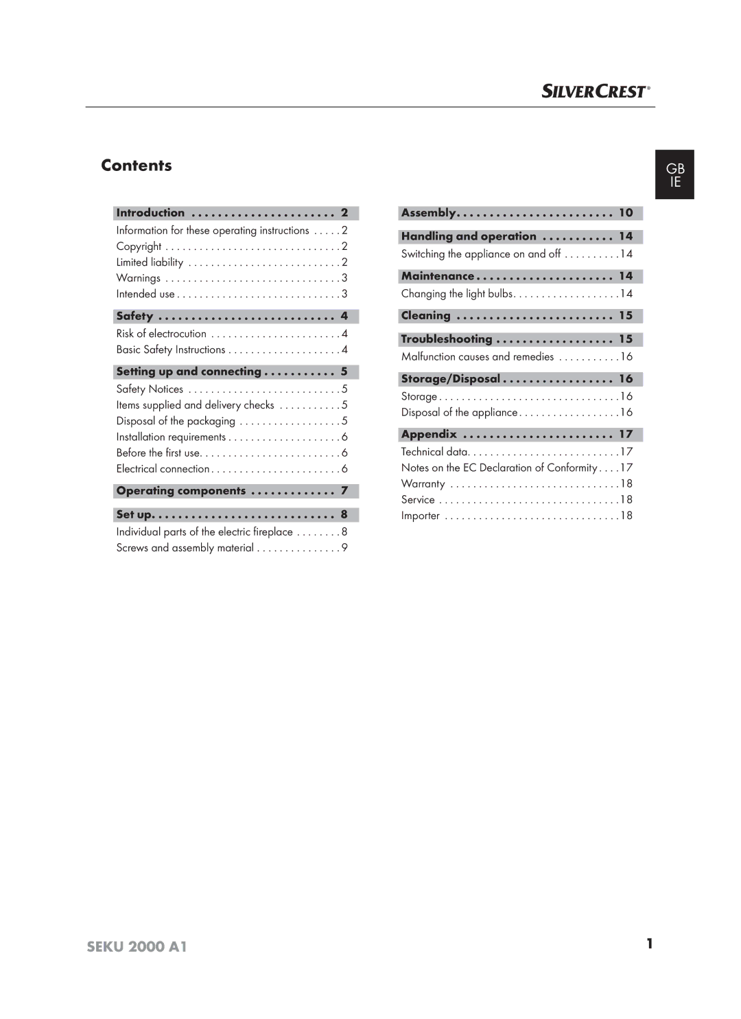 Silvercrest SEKU 2000 A16 operating instructions Contents 