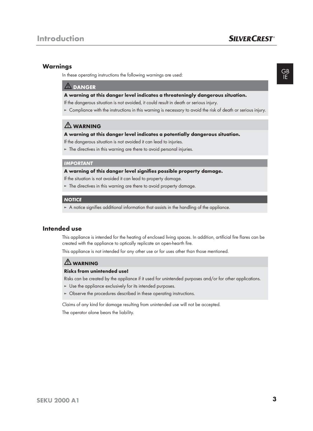 Silvercrest SEKU 2000 A16 Intended use, These operating instructions the following warnings are used 