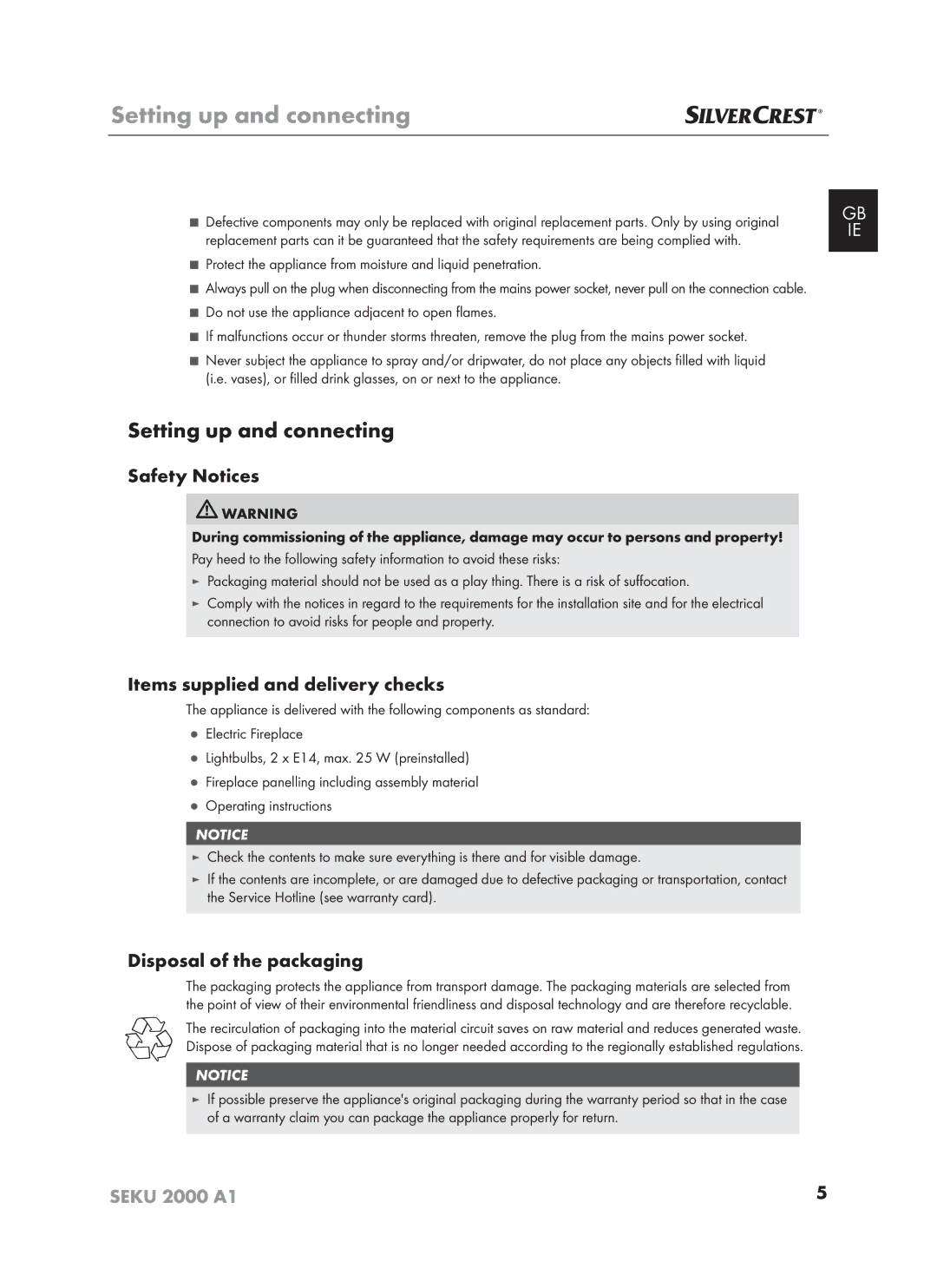 Silvercrest SEKU 2000 A16 Setting up and connecting, Safety Notices, Items supplied and delivery checks 