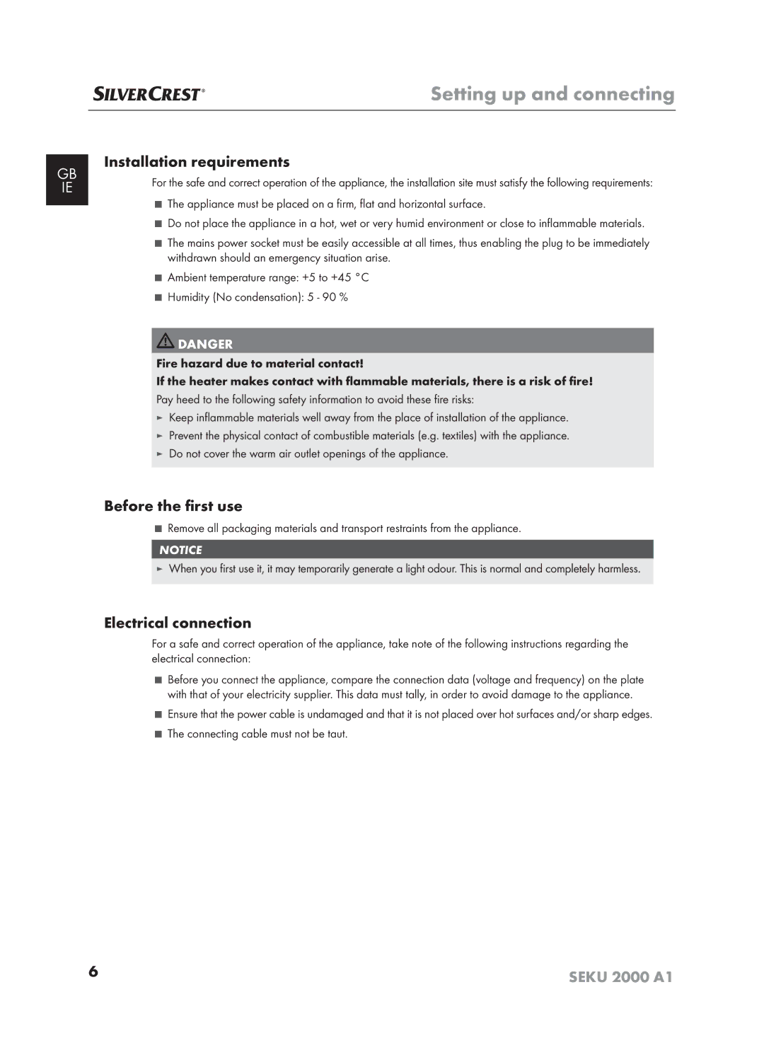 Silvercrest SEKU 2000 A16 operating instructions Installation requirements, Before the ﬁrst use, Electrical connection 