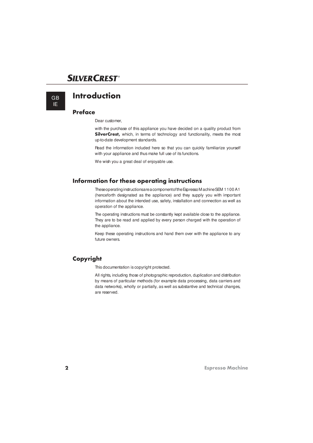 Silvercrest SEM 1100 A1 manual Introduction, Preface, Information for these operating instructions, Copyright 