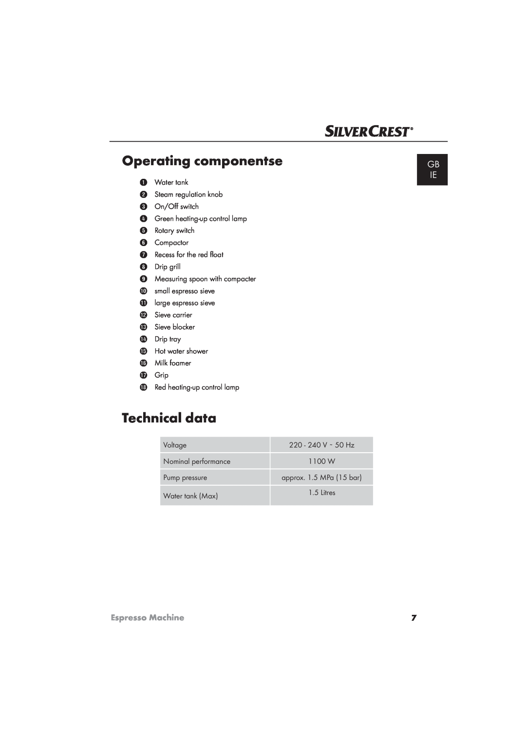 Silvercrest SEM 1100 A1 manual Operating componentse, Technical data, Gb Ie, Espresso Machine 